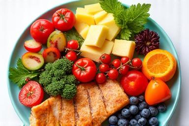 Colorful plate of healthy food, representing balanced nutrition.