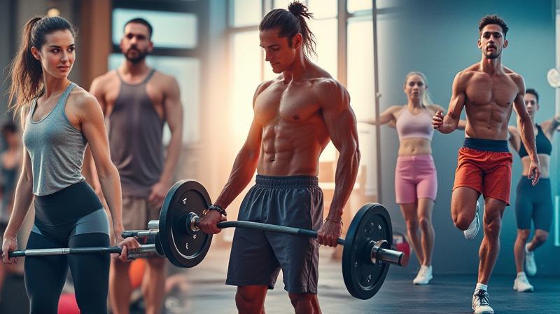 Collage of diverse fitness activities including weightlifting, group classes, and cardio training.